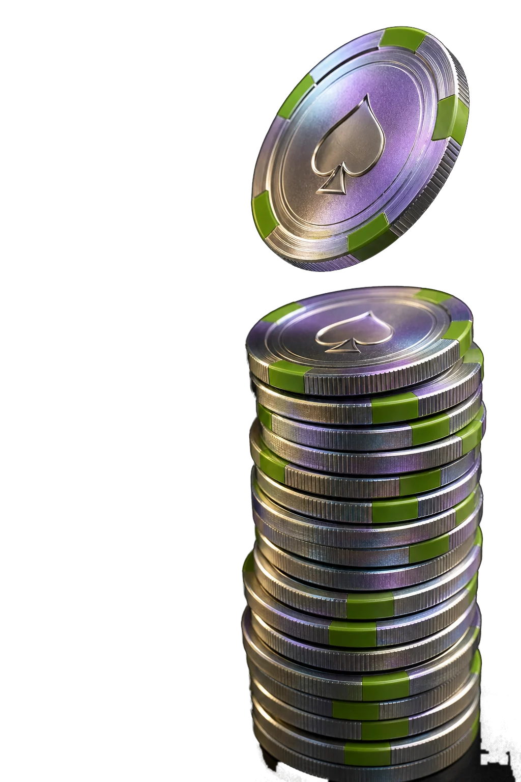A stack of titanium casino chips with one chip falling onto it